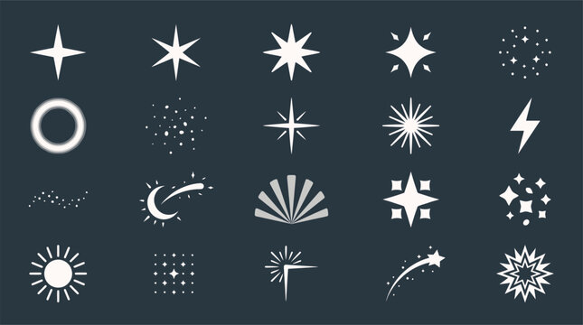 A collection of various sparkling light effects, stars, glows, and abstract vector shapes.