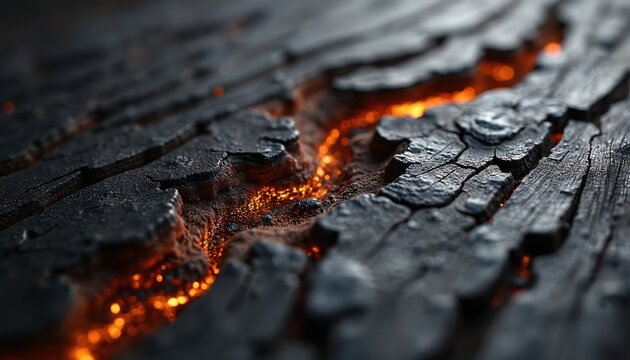 Charred wood grain texture shows glowing orange embers in deep cracks. Dark rough surface has rustic, organic feel. Fire damaged timber background offers heat and destruction concept.