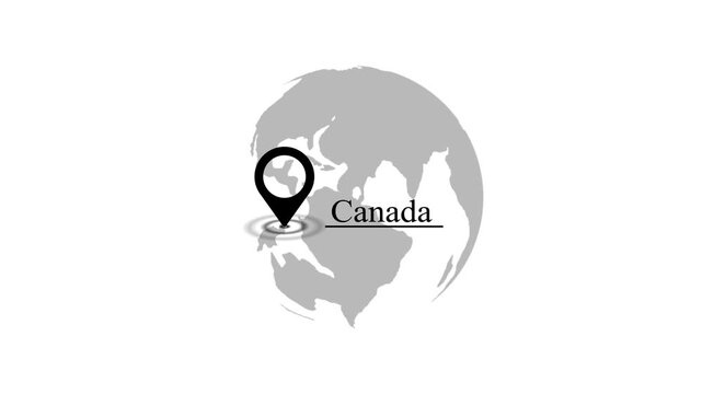 3D Realistic Spinning Earth Globe Animation with Black Location Map Pin Painting Canada Country on White Background for Travel and Business Concepts.