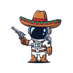 Cute Cartoon Astronaut in Sombrero with Revolver - Space Explorer with Mexican Cowboy Style Isolated