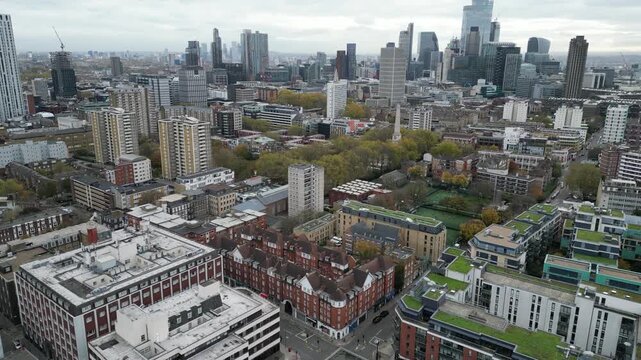 Aerial view of St Lukes, Islington, showing urban development and the neighborhoods historic church against the London skyline.