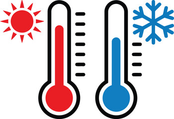 Two thermometers showing hot and cold temperatures with sun and snow icons. Vector