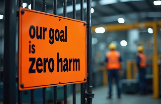 Orange sign reads Our goal is zero harm in industrial facility. Workers in hard hats and vests visible in blurry background. Safety message posted inside manufacturing plant.