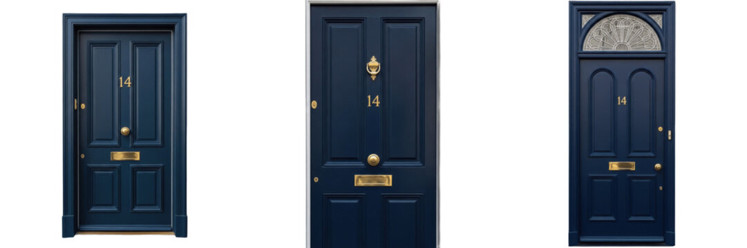 Set and collection of classic navy blue front doors with elegant gold hardware and number fourteen isolated on white transparent PNG background