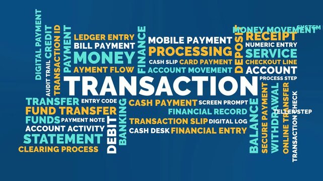 Vibrant Horizontal Transaction Word Cloud Animation Shameless Loop. Transaction Kinetic Typography Banking Processing Theme