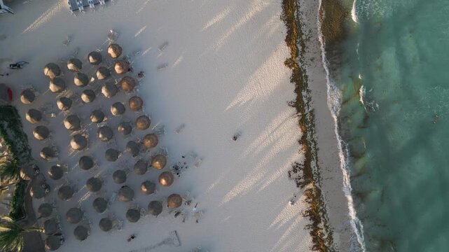 Aerial View of Tropical Beach Resort with Umbrellas and Ocean Waves in Playa del Carmen Mexico