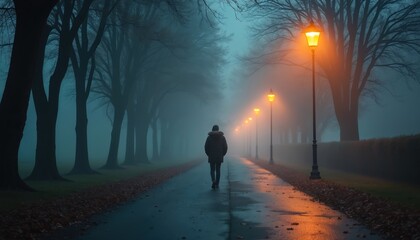 Fototapeta premium Lone person walks down foggy path lined with trees and orange streetlights. Bare branches and fallen leaves indicate autumn season. Atmospheric evening scene with dim lighting and misty air.