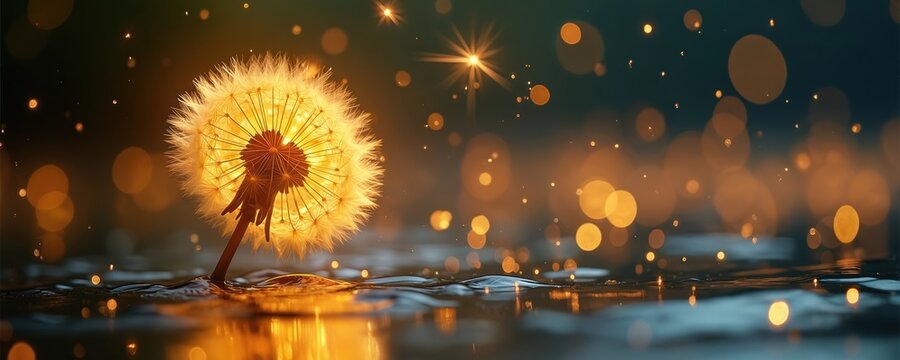 Golden dandelion clock floats on dark rippling water. Magical light bokeh particles drift around blowing seeds. Reflecting warm glow creates dreamlike fantasy mood.