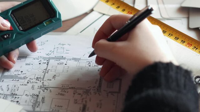woman designer takes measurements and writes a diagram of apartment measurements. interior design project. agreement, dollars. plan, construction diagrams. catalog, tape measure, laser, ruler