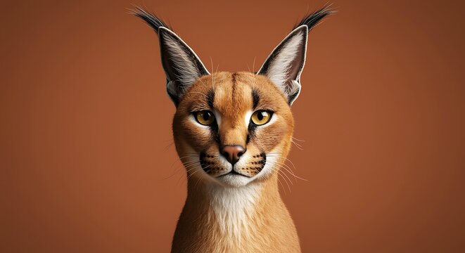 A closeup of a serval cat with distinctive large ears and striking yellow eyes staring directly at the camera on brown background