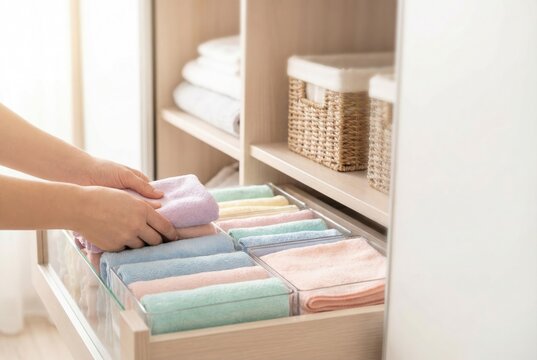 A woman organizing small colorful folded towels into clear plastic dividers inside a drawer in a closet