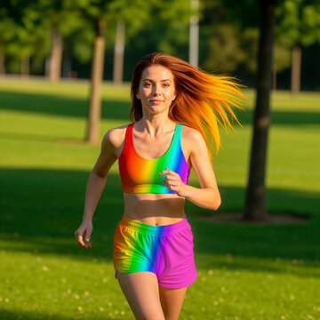 Estilo de Vida Ativo: Mulher Ruiva com Cabelo Ombr&eacute; Correndo no Parque em Treino de Cardio e Alta Performance