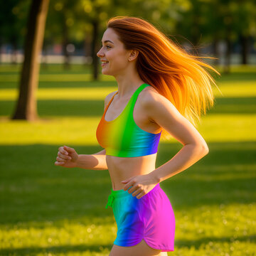 Estilo de Vida Ativo: Mulher Ruiva com Cabelo Ombr&eacute; Correndo no Parque em Treino de Cardio e Alta Performance