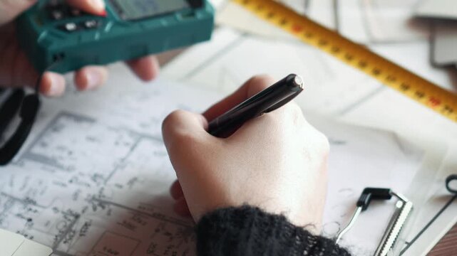 woman designer takes measurements and writes a diagram of apartment measurements. interior design project. agreement, dollars. plan, construction diagrams. catalog, tape measure, laser, ruler