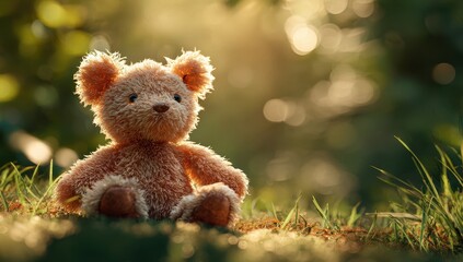 Fototapeta premium Sun-Kissed Teddy Bear - Soft Focus, Golden Hour Glow in Lush Green Grass.