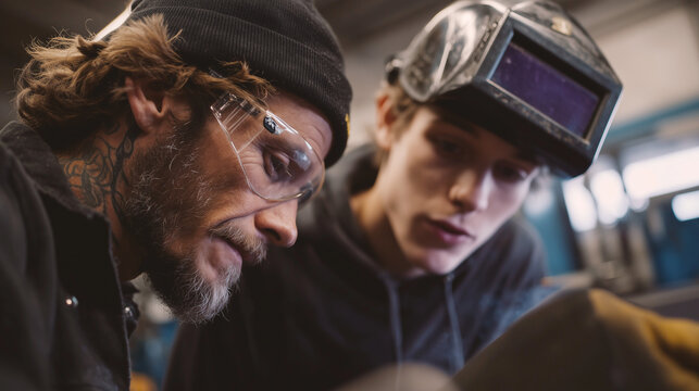 Mentor teaching young apprentice welding technique, generational knowledge transfer in skilled trades