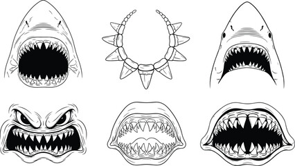 Black and white shark jaw silhouette vector set, scary open mouth with sharp teeth icons and prehistoric megalodon tooth necklace for marine predator branding.
