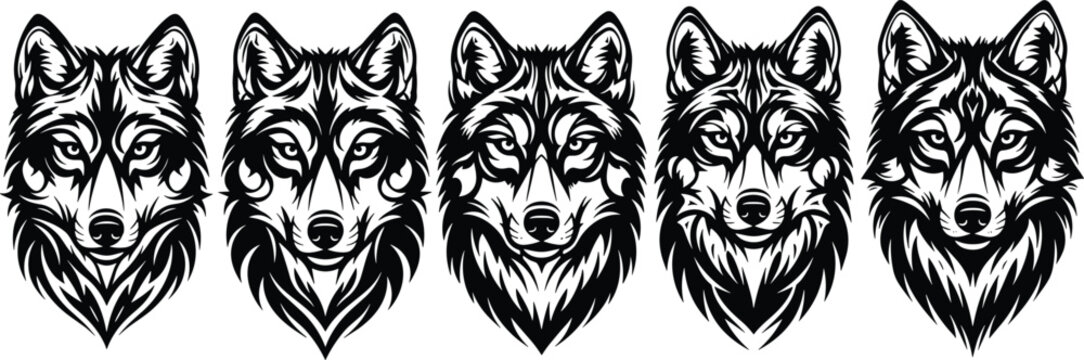 Black and white wolf head vector portrait set with detailed fur and intense eyes, wild timber wolf mascot icons for forest nature branding and hunting.
