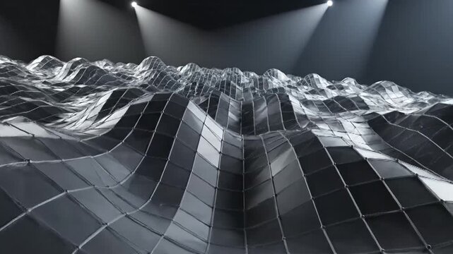 A mesmerizing abstract landscape is illuminated by spotlights, showcasing a geometric terrain of reflective surfaces and creating a captivating visual display of light and shadow in a dark environment