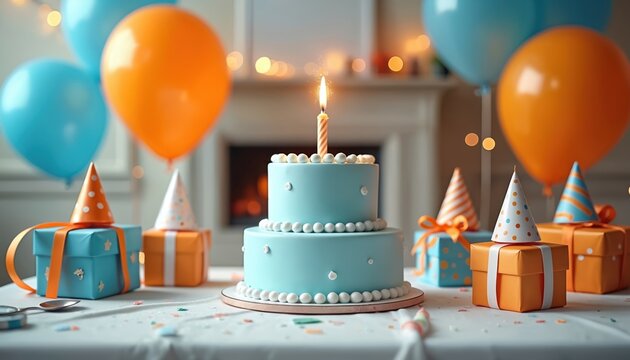 Two tier light blue birthday cake with lit candle sits on table with wrapped presents, party hats and colorful balloons. Festive celebration setup for party.