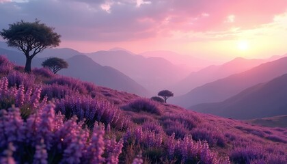 Fototapeta premium Purple flowers blanket hillside with trees under pink sunset sky and layered mountains. Soft light filters through clouds, creating calm, atmospheric scene. This tranquil view offers peaceful escape.