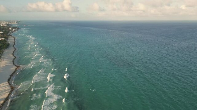 Aerial View of a Tropical Beach Resort at Golden Hour in Playa del Carmen Mexico