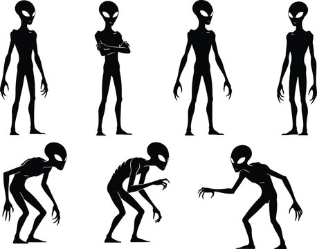 Extra-terrestrial grey alien character silhouette vector set, mysterious sci-fi humanoid creature icons in various standing and crouching poses for space horror movie branding.