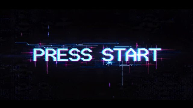 Press Start Glitch Text - Retro-Futuristic Digital Gaming Interface - Dark Abstract Background