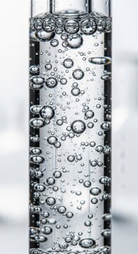 Clear bubbles rising inside glass laboratory tube with transparent liquid