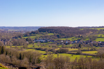 Fototapeta premium Winter landscape, The terrain of Schaesberg (mountain) with a small town villages on hillside, A hamlet in the Dutch province of Limburg, Municipality of Valkenburg aan de Geul and region, Netherlands