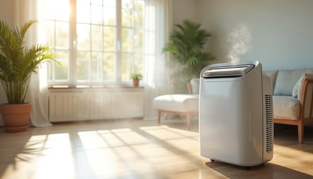 Sleek white portable air conditioner cools bright modern living room. Sunlight streams through large windows. Summer air feels fresh. Home comfort tech.