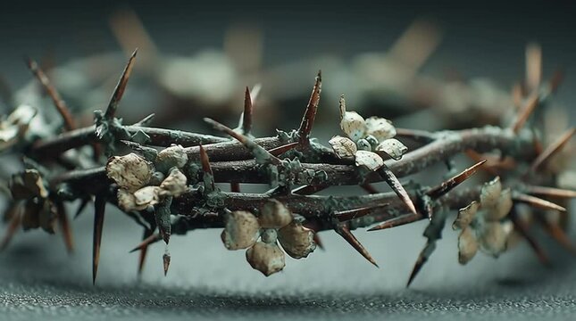 Closeup of a crown of thorns with dried flowers, symbolizing sacrifice and suffering