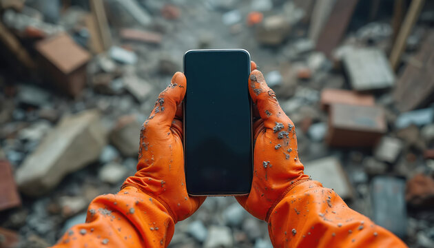 Hands in dirty orange gloves hold blank screen smartphone. Piles of rubble and debris behind. Concept of disaster aftermath and communication challenges in crisis zones.