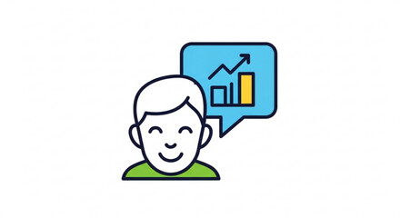 Smiling man with a speech bubble showing a growing graph symbolizing success and positive growth
