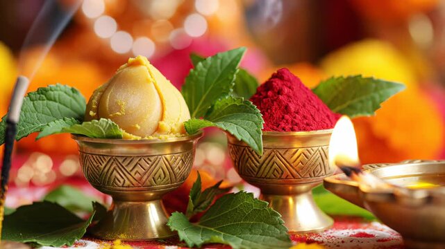 Religious Offering With Sweet Modak And Red Kumkum Powder In Brass Bowls Adorned With Green Leaves And Lit Incense Sticks Amidst Soft Bokeh Lights