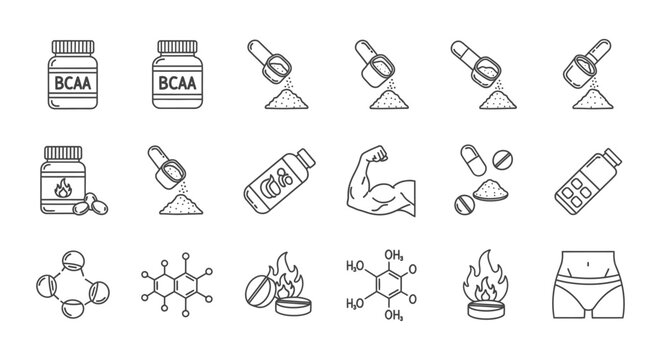 a collection of outline icons depicting various sport supplements bcaa protein powder fat burners and muscle gain for fitness and health.
