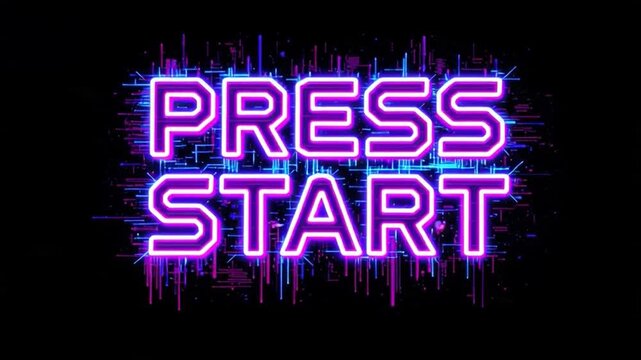 Press Start Neon Text - Retro Gaming Interface - Futuristic Digital Background