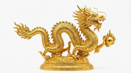 Fototapeta premium Imperial Chinese dragon sculpture in pure gold, highly detailed scales and filigree engravings, polished reflective surface, luxury product lighting, isolated on white background, minimalist