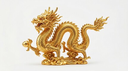Fototapeta premium Imperial Chinese dragon sculpture in pure gold, highly detailed scales and filigree engravings, polished reflective surface, luxury product lighting, isolated on white background, minimalist