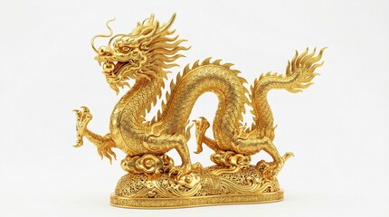 Fototapeta premium Imperial Chinese dragon sculpture in pure gold, highly detailed scales and filigree engravings, polished reflective surface, luxury product lighting, isolated on white background, minimalist