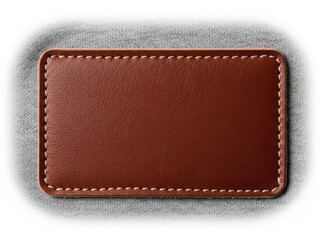 A close-up view of a brown leather rectangular patch with visible stitching