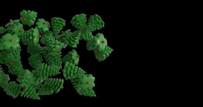 Cute 3D cartoon pine trees fall and tumble downward. 4K UHD, isolated on transparent background with alpha channel. Ideal for winter, holiday, and nature overlays.