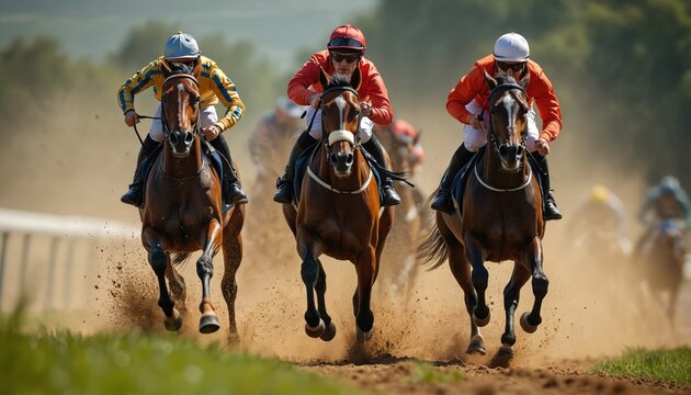 Three racehorses and jockeys sprint forward on dirt track during competition. Dust flies up from galloping hooves as riders urge horses onward intensely in this fast paced equestrian event.