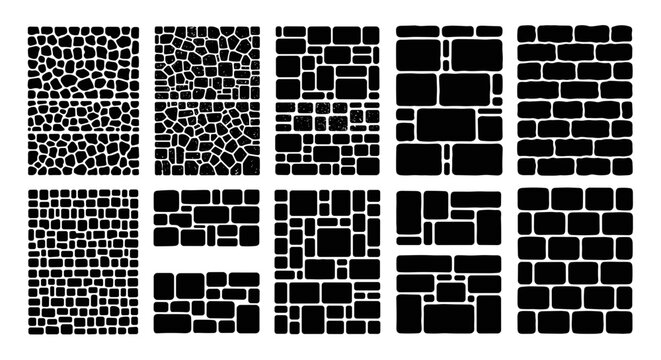 Collection of diverse black silhouettes of paving stones and brick patterns representing various textures