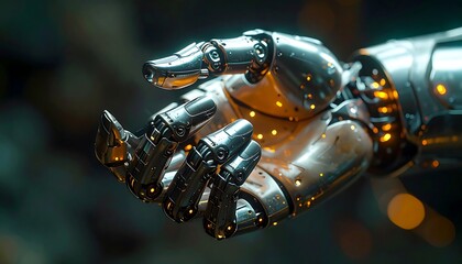 Technological Grip: A close-up showcases the intricate details of a robotic hand, metallic and gleaming, offering a glimpse into the future of technology and innovation.