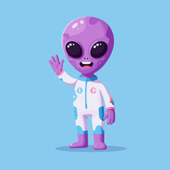 A cute purple alien character in a white astronaut suit waving hello, standing on a light blue background, with a friendly smile.