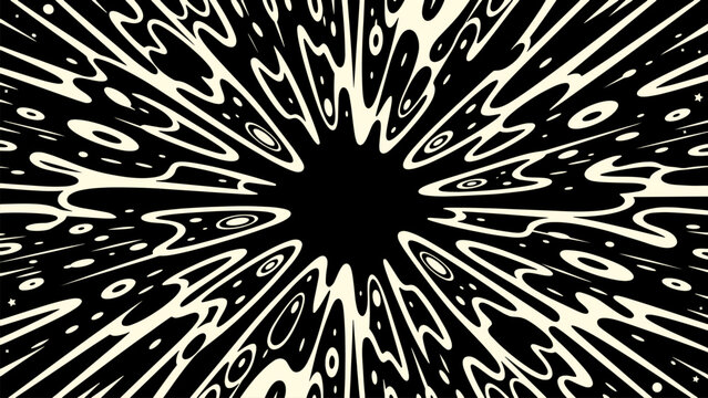 Abstract radial burst explosion background with organic liquid shapes, high contrast black and cream psychedelic sunburst pattern, modern retro graphic poster style illustration
