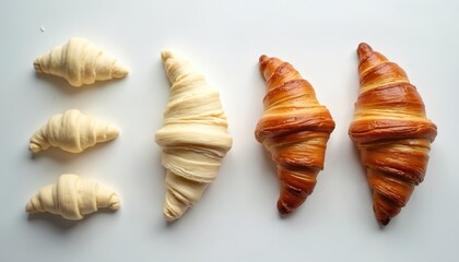 Fototapeta premium Raw croissant dough shaped for baking. Ready uncooked pastry sits next to golden brown baked croissants. Flaky layers demonstrate viennoiserie perfection.