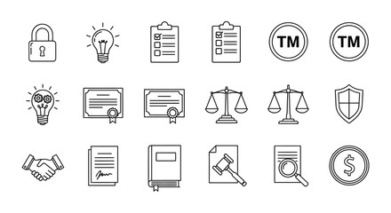 Fototapeta premium intellectual property and business law line icons representing ideas legal protection justice and contractual agreements.