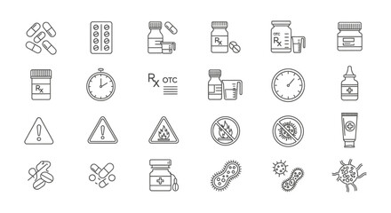 medical and pharmacy line icons illustrating dosage safety warnings and microbiological concepts for healthcare design